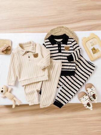 Bhchntiy 4 件套婴儿男女款秋冬新款毛绒罗纹面料条纹 Polo 领可爱熊胸前贴片长袖 T 恤和裤子休闲时尚套装