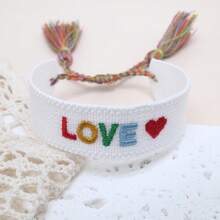 1 件手工刺绣 LOVE 可调节波西米亚风休闲手链，适合朋友、家人、情侣、节日礼物、派对、旅行、日常佩戴、祝福绳 - 白色 - 查看 4