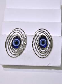 1 Pair Women's Spiral Pattern And Blue Evil Eye Design Earrings, Fashionable And Delicate