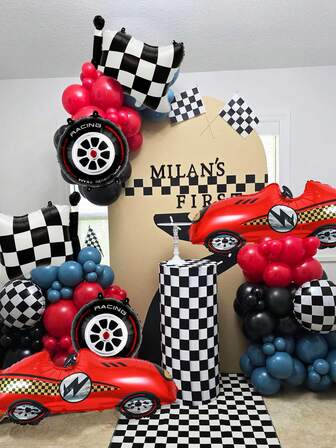 8pcs Racing Car Theme Balloon Set, Includes 3D Red Race Car, Racing Flags, Tires And Black & White Checkered Foil Balloons, Suitable For Birthday Party Decoration, Sports Events, Racing Theme Parties, Competition Celebrations And Home Backdrop Decor
