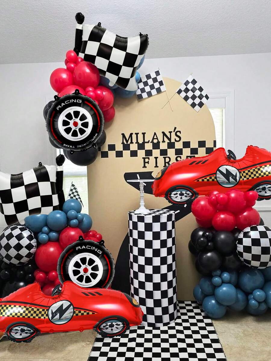 8pcs Racing Car Theme Balloon Set, Includes 3D Red Race Car, Racing Flags, Tires And Black & White Checkered Foil Balloons, Suitable For Birthday Party Decoration, Sports Events, Racing Theme Parties, Competition Celebrations And Home Backdrop Decor - Multicolor - View 1