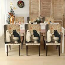 1 Stück/4 Stücke/6 Stücke/10 Stücke Halloween Katzen- & Geister-Muster Plüsch Stuhlbezug, abnehmbarer Kurzflor Stoff Stuhlüberzug, Rückenschutz für Stühle, geeignet für alle Jahreszeiten, Feiertags-Dekorationsstuhlbezug für Esszimmer, Wohnzimmer, Zuhause, mit Rückenschutz, passend für Esszimmer, Büro, Wohnzimmer, Hotel und Heimdekoration