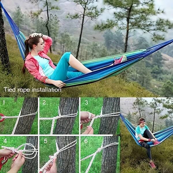 1 pieza Hamaca portátil para una sola persona con cuerdas de suspensión y bolsa de almacenamiento - Tela ligera y duradera, uso en interiores/exteriores, campamento, viaje, senderismo - Diseño a rayas azul y rojo, esencial para campamento, ocio al aire libre, estilo compacto, material transpirable, cómoda tumbona, opción del explorador