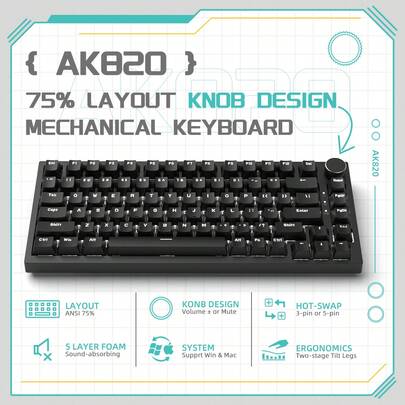  ATTACK SHARK X A.JAZZ AK820 Mechanical Keyboard with CNC Knob Control,75% ANSI Layout,82Keys Gasket Mount Wired Gaming Keyboard,5 Sound Absorbing Foam,Hot-Swap Linear Switch,RGB Backlit,for PC/WIN