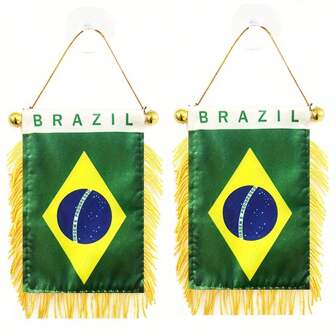 2pcs Window Hanging Pennant Banners - 3x4 Inches, Double-Sided, Tassel Detail, Polyester, With Suction Cups - Ideal For Car Rearview Mirrors And Home Decor