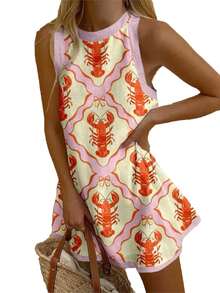 Womens Lobster Shift Dresses 2025 Boho Mini Tank Dress Y2K Sleeveless Cute Graphic Lobster Fish Printed Dress Summer Beach Sundress Casual Beach Vacation Loose Short Dress - trái cam - Xem 2