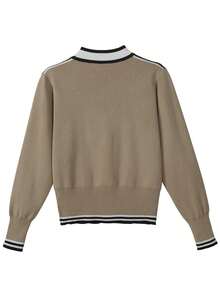 撞色前袋落肩短款开衫 - 卡其色 - 查看 3