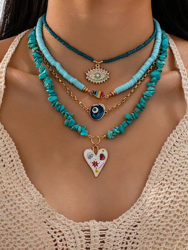 4pcs/Set Turquoise Soft Clay Beaded Necklace, Fashion Seed Pearl Evil Eye Pendant Necklace, Personalized Blue Eye Heart Shaped Pendant, Suitable For Women Everyday And Travel Wear