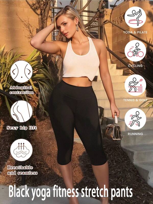 1PC Suitable For Women Pure Black Yoga Fitness Elastic Slimming Comfortable Fit Abdominal Plus Size High Waist Training Leggings