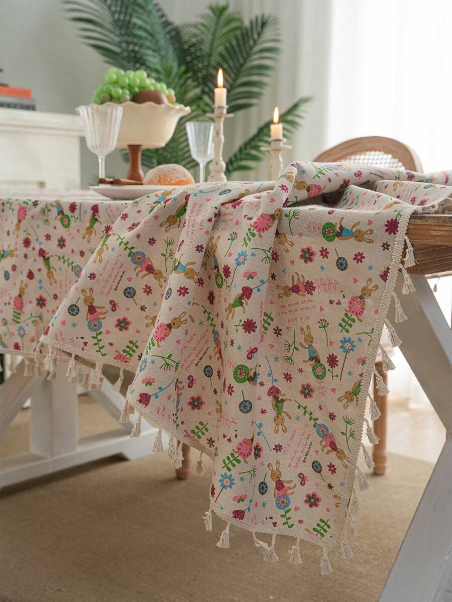 MeijiaMo 1 pièce Nappe rectangulaire imprimée de lapins et de fleurs, tapis de décoration bohème décontracté en polyester avec franges, anti-poussière pour salle à manger, cuisine, hôtel, chambre, fête, table ronde