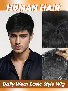 男士自然发饰直发隐形透明钩针假发，可完全覆盖头部并增强发量，牢固固定在头顶，逼真的假发 - Natural Black - 查看 3