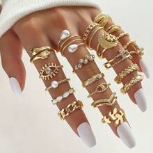 23pcs/Set Vintage Ring Set Chain Moon & Sun Design Mix And Match For Daily Outfits Party Accessories - 金色 - 查看 6
