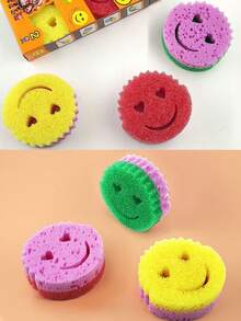 3/6片装爱心笑脸多功能双层温感海绵布。可爱又强力，双面厨房海绵 - 温感感应，不刮伤清洁垫，适用于餐具等。