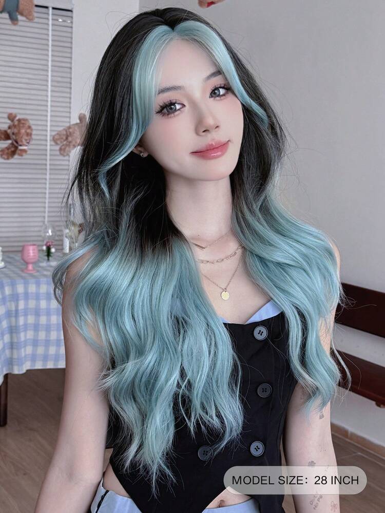 NAMM 28 英寸小号蕾丝前假发，渐变蓝色长波浪假发，适合女士中分发质，2*0.5 U 部分，合成耐热纤维假发，适合女孩日常派对、角色扮演、音乐节、街头装扮、樱花节、角色扮演动漫或服装使用 - 漸層 - 查看 3