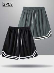 2 pièces/Set Short de basket-ball style athlétique, couleur unie avec ourlet rayé, pour hommes, printemps/été
