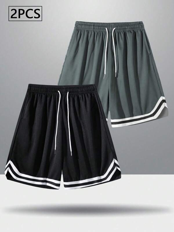 2 pièces/Set Short de basket-ball style athlétique, couleur unie avec ourlet rayé, pour hommes, printemps/été