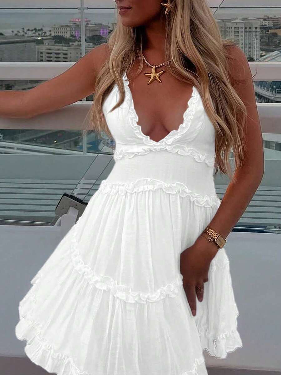 Women's Solid Color Ruffled Backless Sleeveless Beach Holiday Dress - trắng - Xem 1