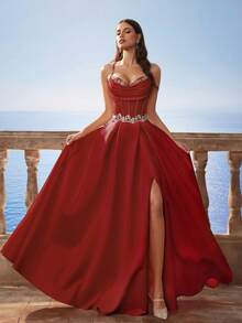 巴洛克风格缎面吊带美人鱼长裙，法式伴娘礼服，返校节礼服，晚礼服，派对礼服 - 酒紅 - 查看 7