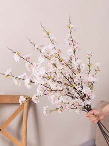 3 件人造花樱花树枝 41.7 英寸假丝绸樱花花、桃花、绿色仿真植物、青梅装饰、花瓶、婚礼、派对、客厅、卧室、DIY 墙壁、书桌填充物。用于家庭婚礼派对景观 DIY 装饰樱花丝绸花树装饰