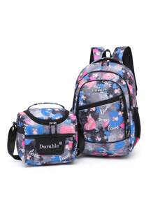 2 Stücke Set Schulanfang, neuer Stil, modischer Nylon Rucksack mit Buchstaben Muster, Messenger Tasche, glatter Reißverschluss, großes Fassungsvermögen, modern und einzigartig, auch geeignet für täglichen Outdoor-Reisen