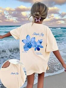 女童宽松T恤一件装 - 可机洗，芙蓉花印花T恤，适合儿童旅行度假、夏季穿着，女童服装