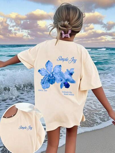 1pc Girls' Oversized Printed T-Shirt - Machine Washable With "Flower" Pattern, Suitable For Kids Travel & Holiday Wear, Summer Dress