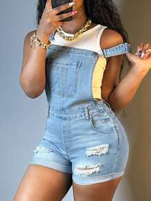 Women Ripped Solid Color Slim-Fit Light Blue Jeans Rompers Casual Buttons Trim Denim Overall Pockets Sleeveless Summer Clothing - Rửa nhẹ - Xem 4