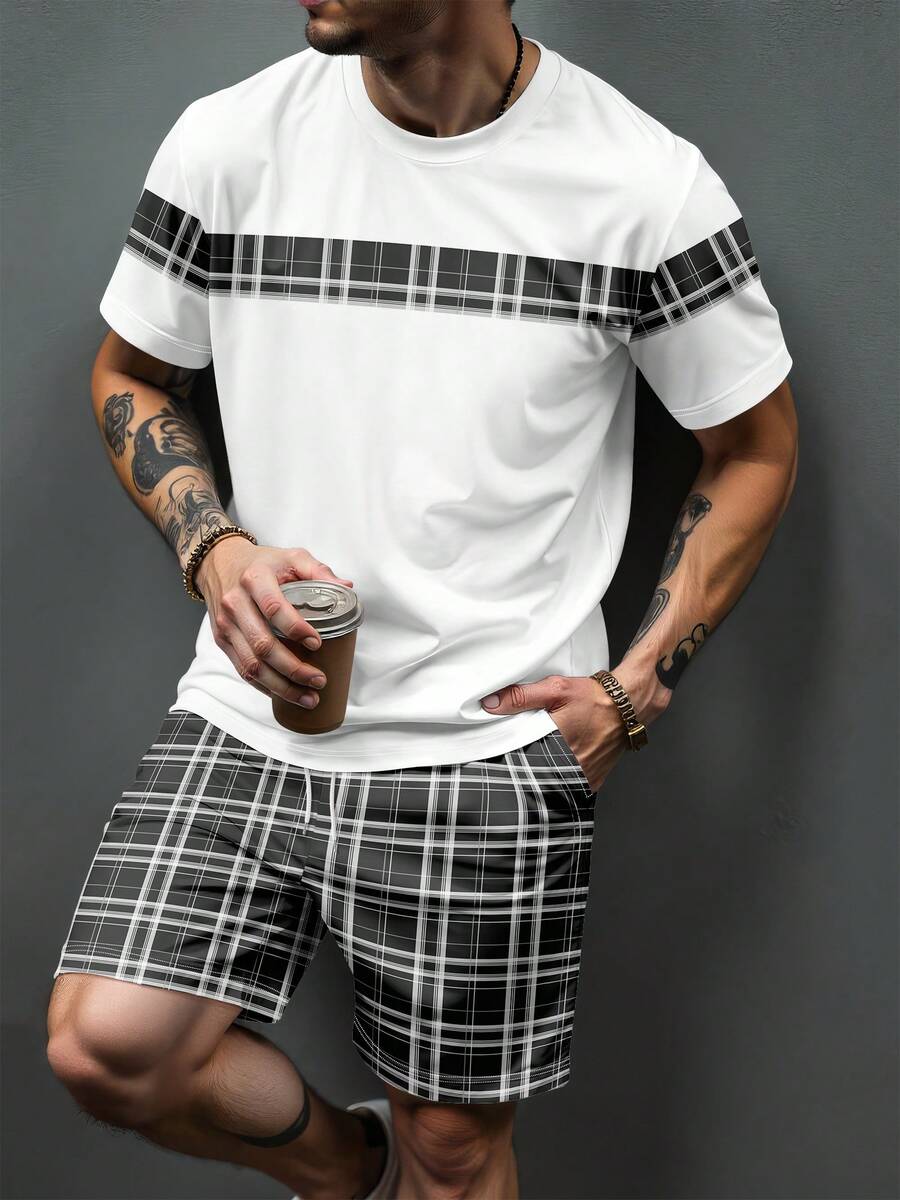Herren gestreiftes Rundhals Kurzarm T-Shirt und Shorts Set, Weiß, Sport - Weiss - Übersicht 1