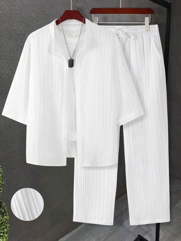 Men Plus Size 2pcs Jacquard Fabric Short Sleeve Shirt With Drawstring Pockets & Pants Vacation Set, Spring/Summer, Cozy Outfits