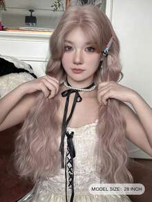 NAMM 28 Inch Ash Powder Long Wavy Wig For Women 2*0.5 U-Shaped Forehead Lace Wig Glueless Heat Resistant Synthetic Small Lace Front Hair Wigs For Girls Daily Party Beginner Use Music Festival Party Street Wear, Sakura Festival, Cosplay Anime Or Costume Use - Pink - View 4