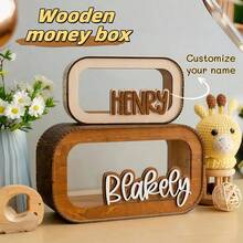 1pc Customized Piggy Bank - Wooden Cash Box, Engravable, Suitable As Gift, Children's Room Decor, Perfect For Christmas, Housewarming, Birthday, Easter, Thanksgiving And Other Special Occasions - Multicolor - View 2