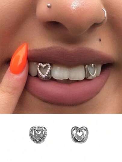 1 套简约锆石心形金色和银色女士嘻哈牙齿矫正器，派对和夜总会配件，包括牙模供使用
