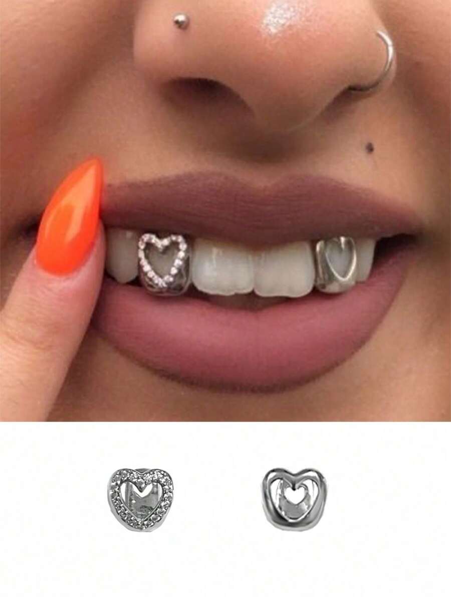 1 套简约锆石心形金色和银色女士嘻哈牙齿矫正器，派对和夜总会配件，包括牙模供使用 - 彩色 - 查看 1
