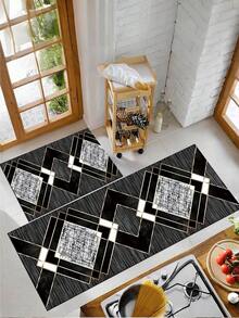 1pc Abstract Geometric Design Absorbent Non-Slip Kitchen Mat, Modern Minimalist Waterproof Quick-Dry Kitchen Carpet, Party Decor Indoor Entrance Doormat, Soft Thick Kitchen Floor Mat, Non-Slip Kitchen Decorative Rug, Easy To Clean Entryway Welcome Mat - Black and White - View 2