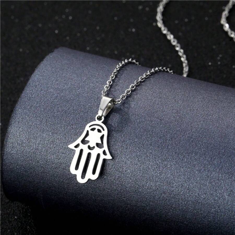 Stainless Steel Geometric Hollow Amulet Pendant, Simple Titanium Steel Hollow, Hamsa Palm Necklace Jewelry
