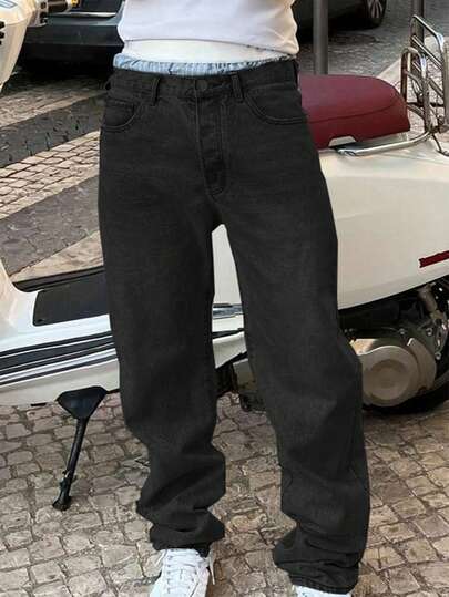 leev 直筒棉质斜口袋牛仔裤，复古水洗；个性化复古宽腿宽松水洗牛仔裤，男女同款直筒宽松男士牛仔裤