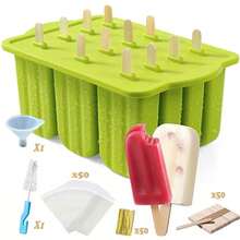 Homemade Popsicle Maker - 12-Cavity Silicone Mold With Lid, 50 Sticks/Bags/Ties + Tools - Foldable, Easy To Use - Ideal For Summer Parties & Gatherings - Green - View 1