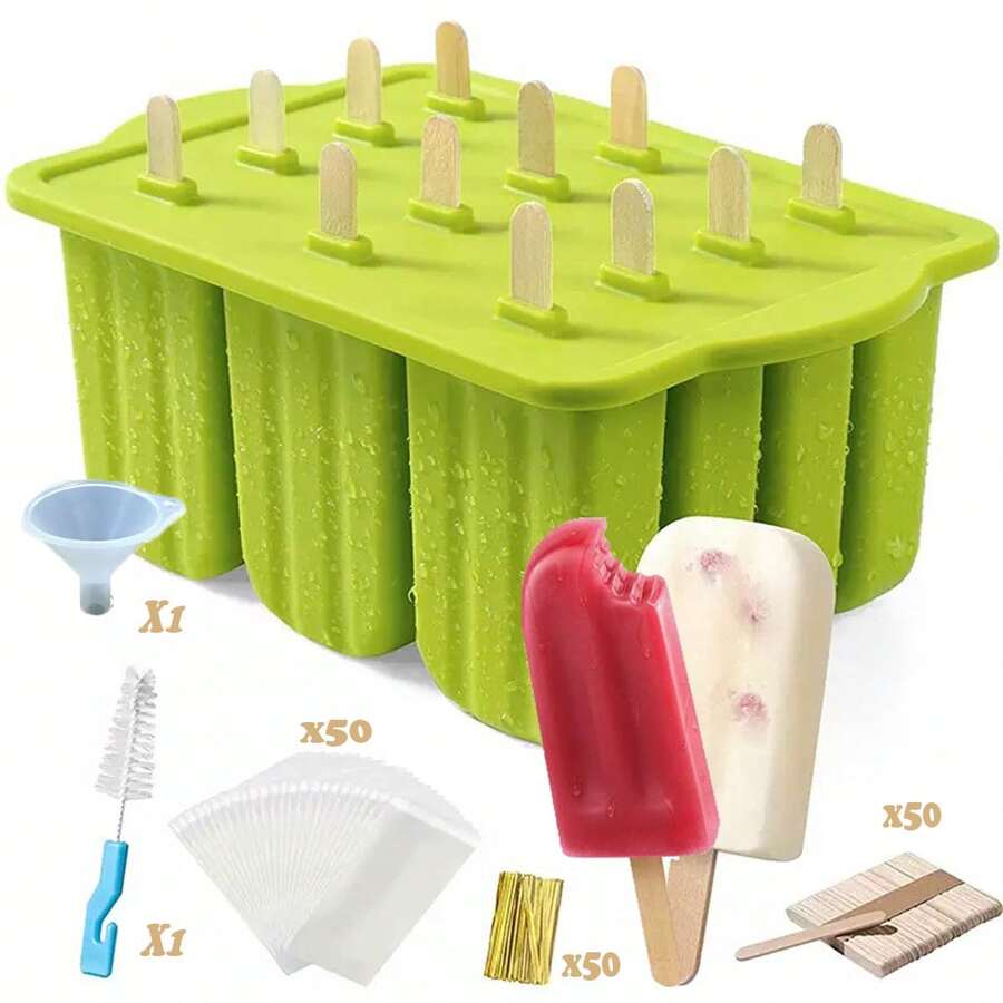 Homemade Popsicle Maker - 12-Cavity Silicone Mold With Lid, 50 Sticks/Bags/Ties + Tools - Foldable, Easy To Use - Ideal For Summer Parties & Gatherings - Green - View 1