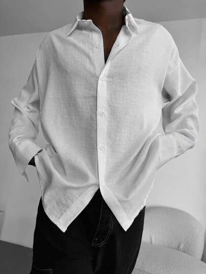 Men's Vintage Style Pure Cotton Linen Texture Long Sleeve Shirt, Suitable For All Seasons, Casual & Versatile, Showcasing Gentlemanly Elegance, Essential For Autumn