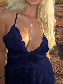 Women's Solid Color Ruffled Backless Sleeveless Beach Holiday Dress - Navy Blue - View 4