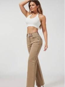 Women's High Waist Wide Leg Flare Denim Jeans, Crafted From Stretch Cotton - Rich Denim, Featuring Double - Button Closure, Patch Pockets, Gradual Flared Hem, For Retro - Inspired Casual Chic