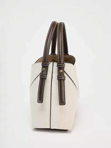 Women Two-Tone Design Mini Canvas Tote Bag, Fashion Shoulder Hand Bucket Bag - White - View 6