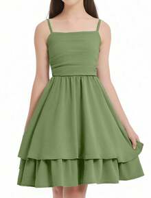 EXARUS Vestido corto informal de verano con tirantes finos ajustables y fruncido con dobladillo abullonado para niñas - Verde - Ver 2