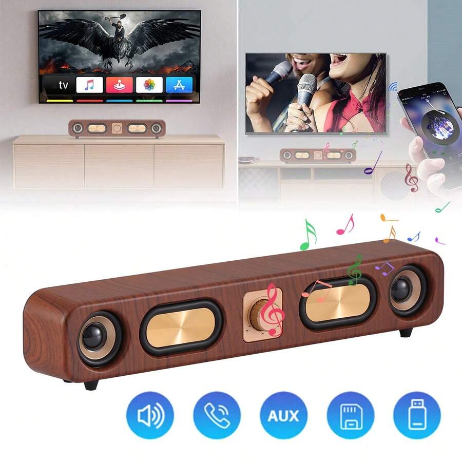 Dazone Retro Bluetooth Soundbar Speaker – 15.3" Wood Grain Wireless Home Audio With FM Radio, TF Card/USB Input, Aux-In, And Hands-Free Calling, Surround Stereo Sound Subwoofer - 15.3-in L - 查看 1