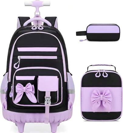 Rolling Backpack For Girls, Cute Roller School Bag With Wheels, Kids Wheeled Backpacks Set With Lunch Bag Pencil Case
