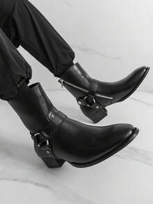 Men's Western Style Side Zipper Motorcycle Boots, Chunky Heel Boots - Black - View 3