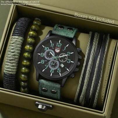 LIANDU LIANDU 1 Set Men's Watch, Calendar Sports Casual Style, Arabic Numeral Round Dial, PU Strap, Genuine Leather Bracelet, Punk Style Bracelet Set, PU Braided Wrap-Around Wristband, Suitable For Daily Wear, Birthday Gift, Party, Holiday Gathering, Ideal Gift For Yourself Or Friends. No Packaging Box Included.