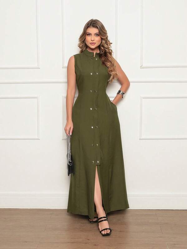 Vestido Samara longo com botões e bolso com a abertura frontal