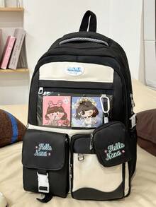 1 新款尼龙材质可爱卡通图案字母刺绣撞色大容量背包，小钱包挂件，多个口袋，可单肩背，时尚有型，日常上学户外旅行百搭款