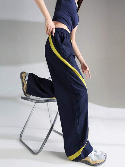 JUTU 时尚条纹弧形开衩休闲运动裤，宽松阔腿裤，春夏款